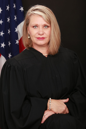 Campaign image of Judge Landee Holloway in studio with lighting and American Flag behind her.
